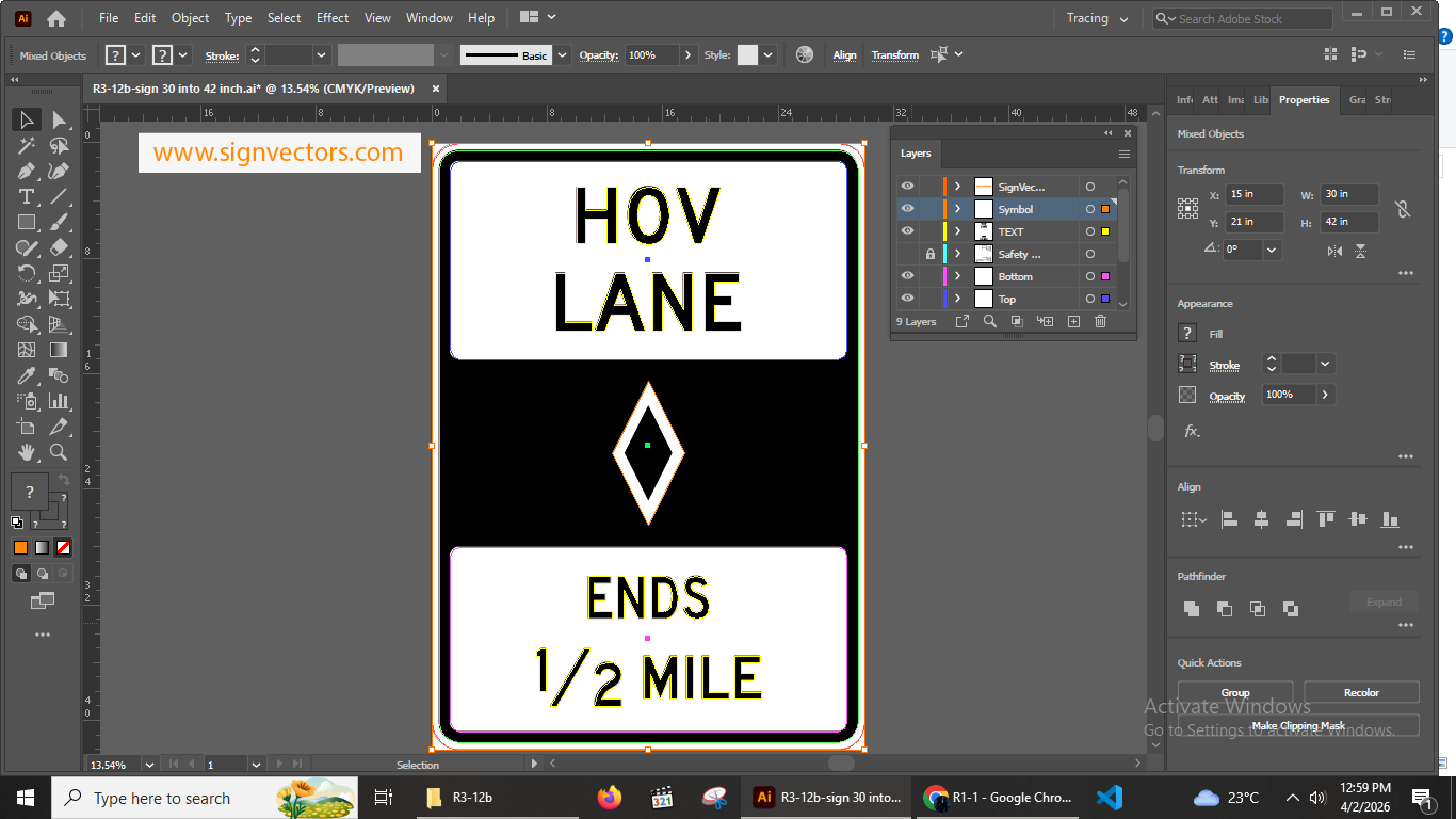 highway HOV lane ends 1/2 mile regulatory sign Illustrator working file preview