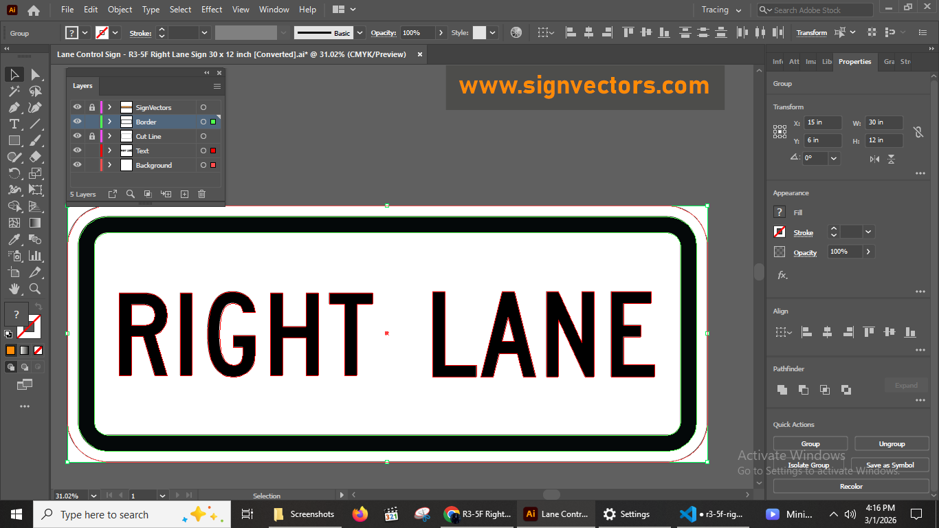 R3-5f Right Lane Control Sign Illustrator Working File Screenshot