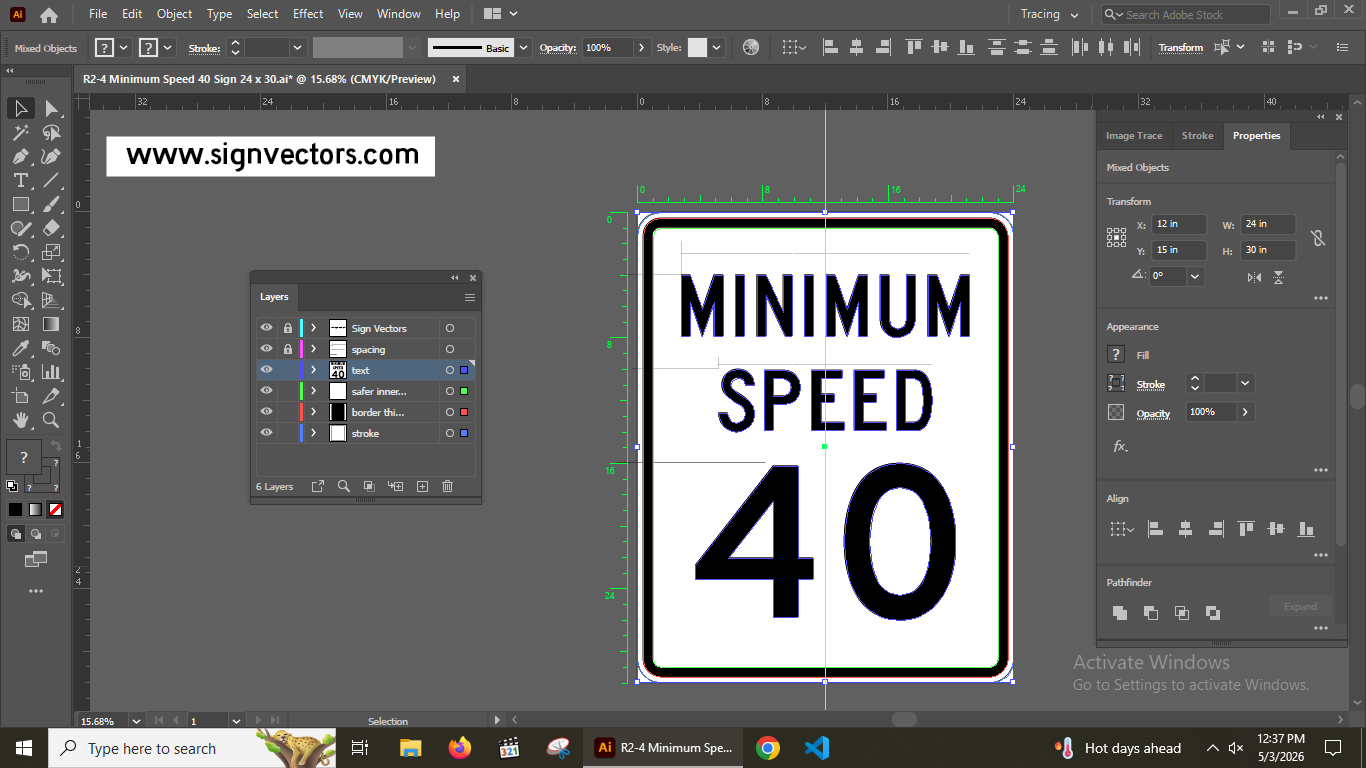 Adobe Illustrator screenshot showing Minimum Speed Limit 40 vector with visible layers, paths, and CMYK color settings