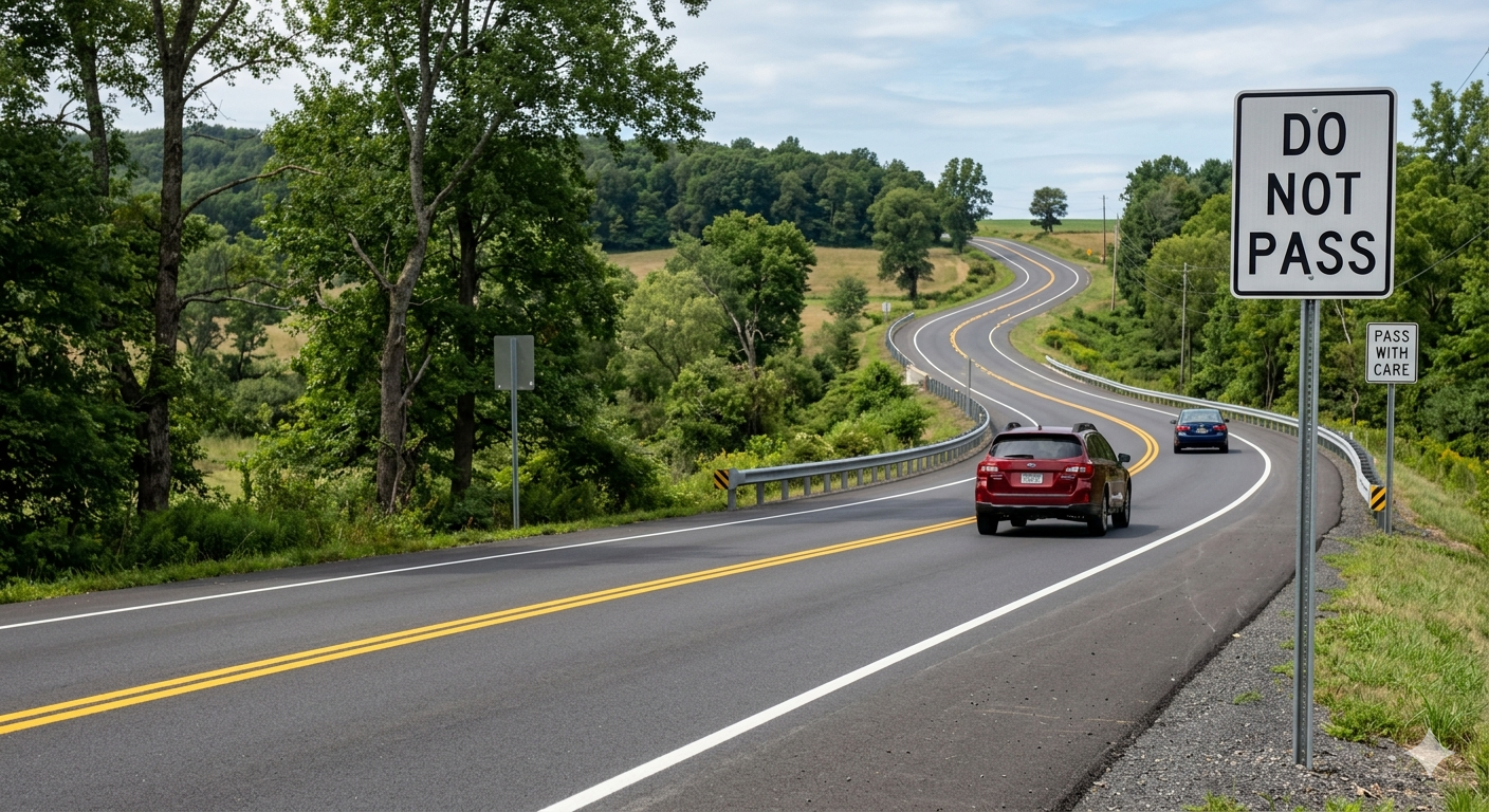 No passing zone road example showing solid yellow center line with R4-1 Do Not Pass sign and R4-2 Pass With Care sign at the end of the zone