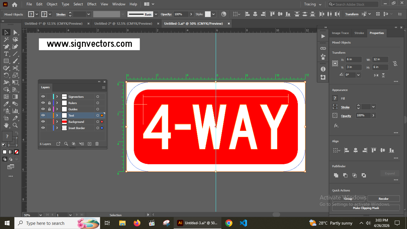 Adobe Illustrator screenshot showing 4 way Sign vector with visible layers, paths, and CMYK color settings
