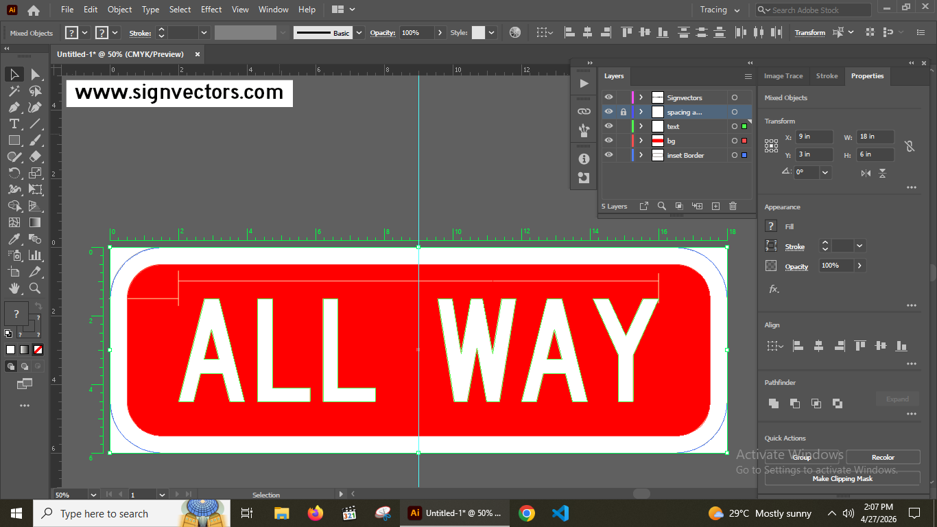 Adobe Illustrator screenshot showing R1-3P ALL WAY sign vector with visible layers, paths, and CMYK color settings