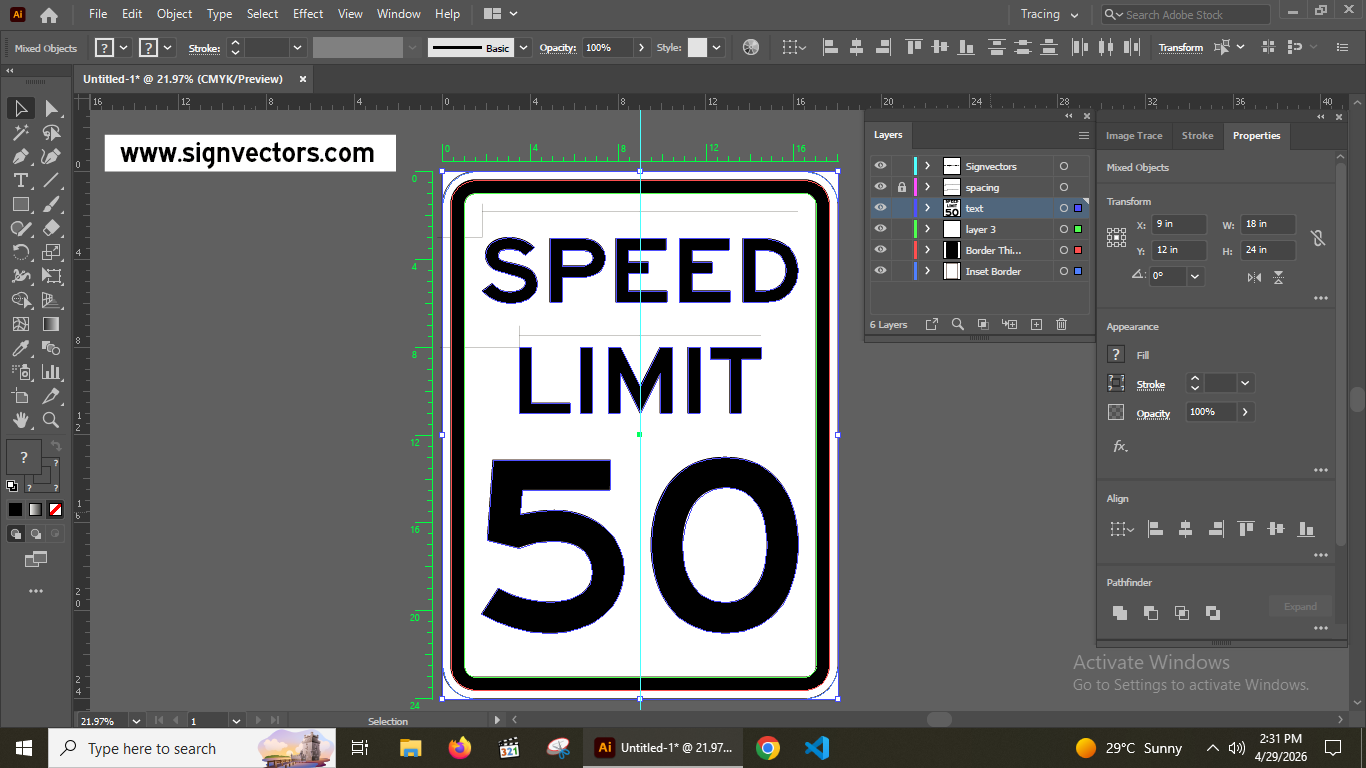 Adobe Illustrator screenshot showing R2-1 Speed limit 50 vector with visible layers, paths, and CMYK color settings