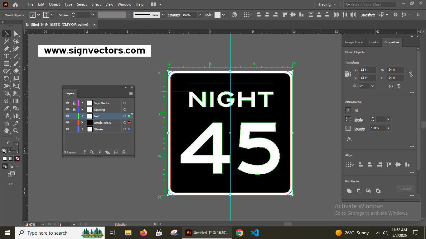 Adobe Illustrator screenshot showing R2-3 Night Speed Limit 45 vector with visible layers, paths, and CMYK color settings