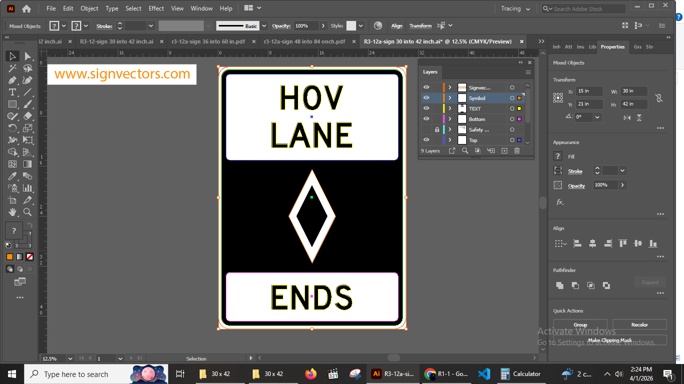 R3-12a HOV Lane Ends Sign Illustrator working file preview