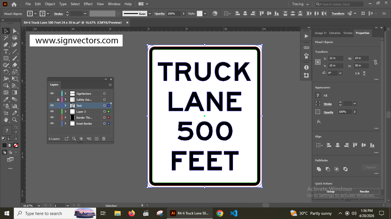 Adobe Illustrator screenshot showing R4-6 sign vector with visible layers, paths, and CMYK color settings