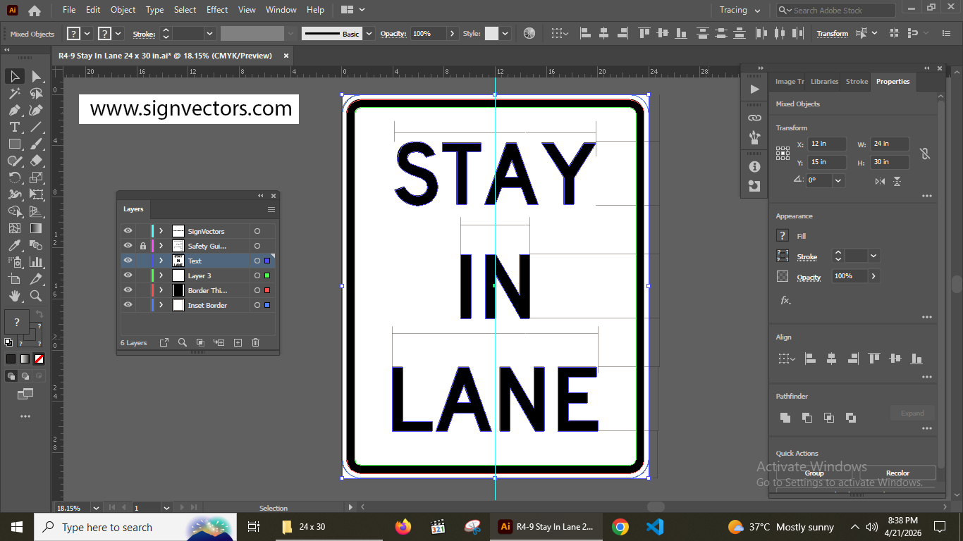 Adobe Illustrator screenshot showing R4-9 sign vector with visible layers, paths, and CMYK color settings