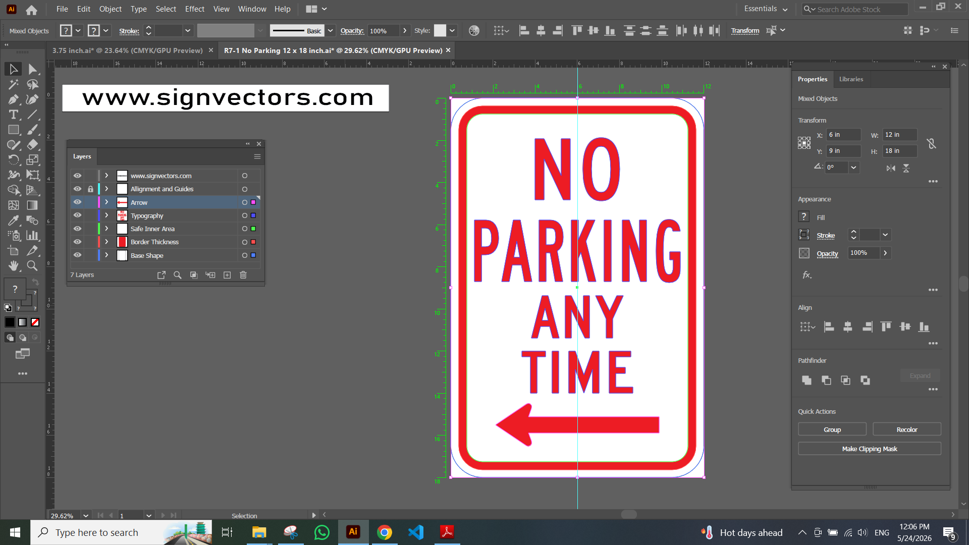 Adobe Illustrator preview of R7-1 No Parking Any Time sign showing organized vector layers and design structure