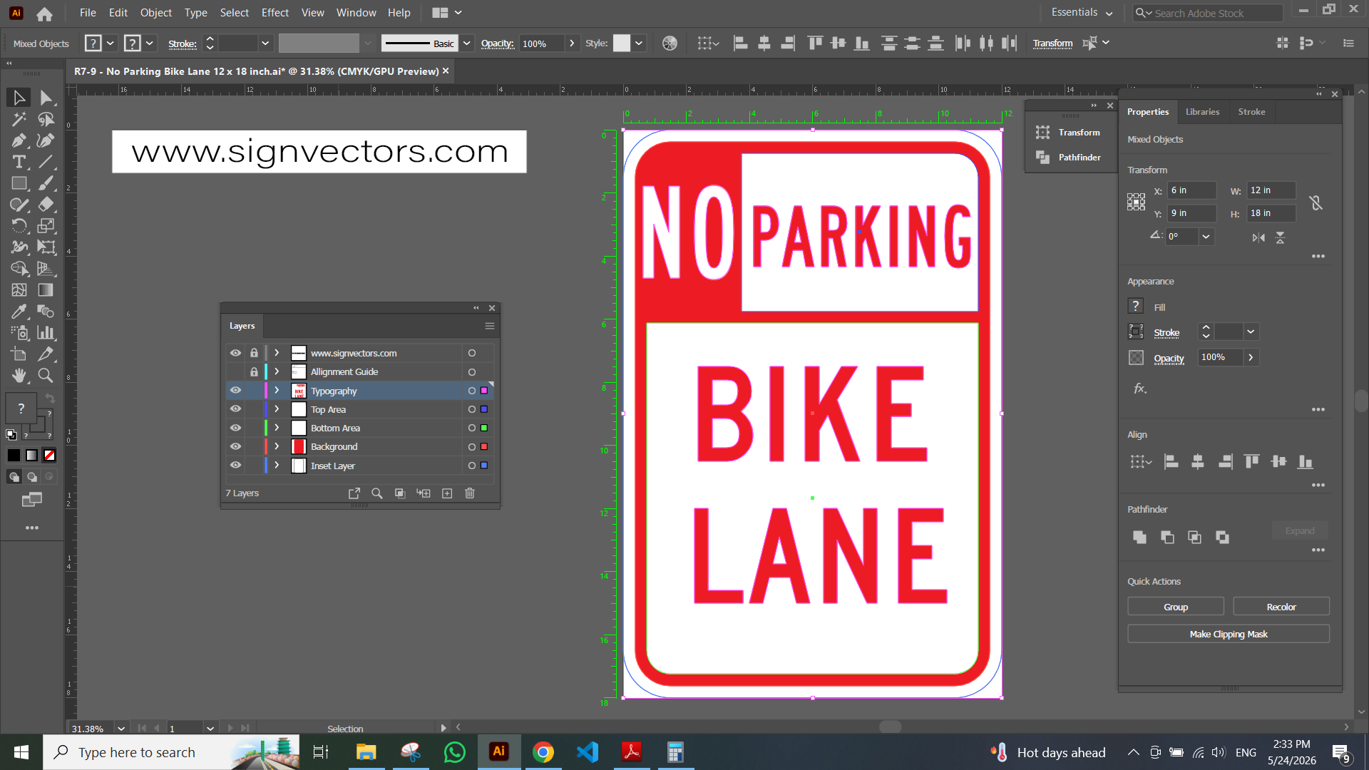 Adobe Illustrator preview of R7-9 No Parking Bike Lane sign showing organized vector layers and design structure