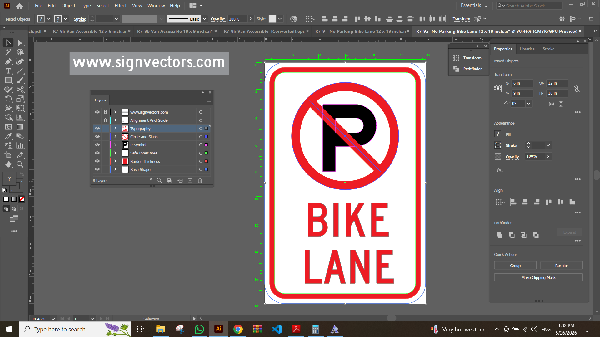 Adobe Illustrator preview of R7-9a No Parking Bike Lane sign showing organized vector layers and design structure