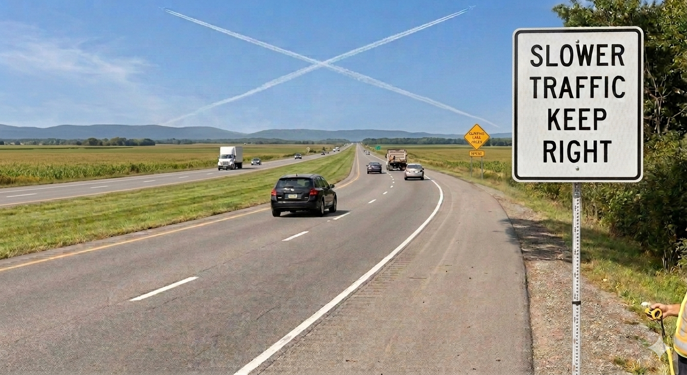 Multi-lane divided highway showing Slower Traffic Keep Right R4-3 sign on the right shoulder