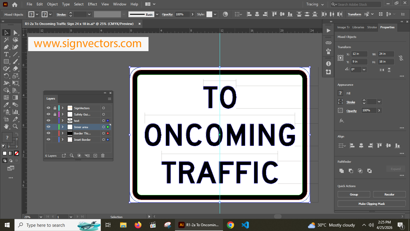 Adobe Illustrator screenshot showing R1-2a To OnComing Traffic sign vector with visible layers, paths, and CMYK color settings